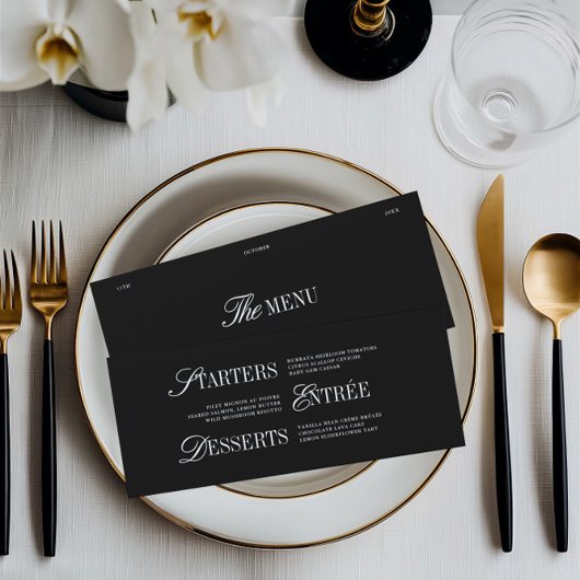 Elegant Black & White Wedding Dinner Menu Card Menükarte