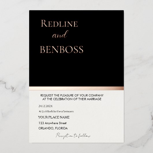 Elegant Black & white Wedding Invitation Rose Gold Folieneinladung (Vorderseite)