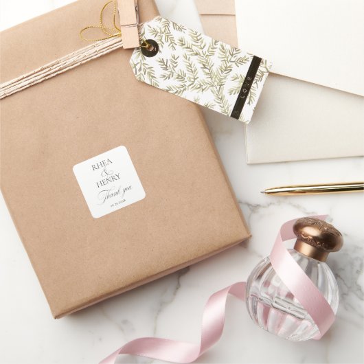 Elegant Black & White Wedding Thank You Quadratischer Aufkleber (Schenken)