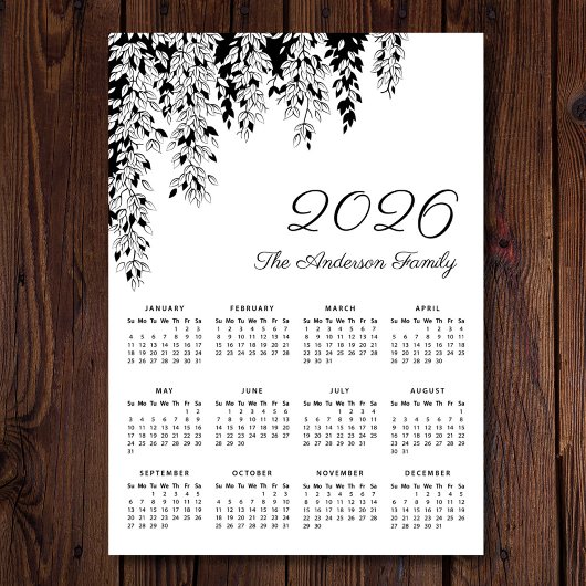 Elegant Black White Weeping Birch Calendar 2026 Magnetkarte