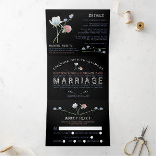 Elegant Black, Wildblume Wedding Suite Dreifach Gefaltete Einladung