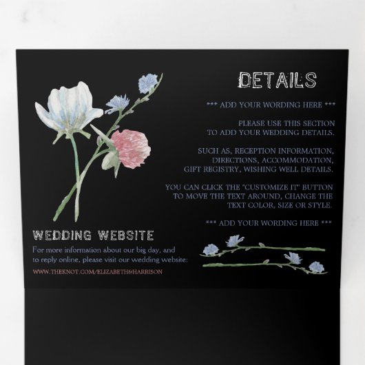 Elegant Black, Wildblume Wedding Suite Dreifach Gefaltete Einladung (Innen Erste Seite)