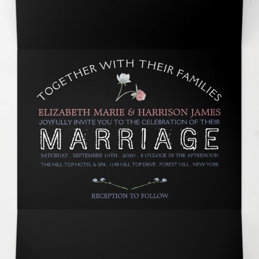 Elegant Black, Wildblume Wedding Suite Dreifach Gefaltete Einladung (Innenseite Mitte)