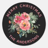 Elegant Black Winter Floral | Weihnachtsfeiertag Runder Aufkleber (Vorderseite)