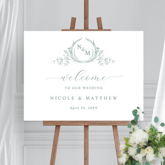 Elegant blassgrünes Monogramm Begrüßungszeichen Poster