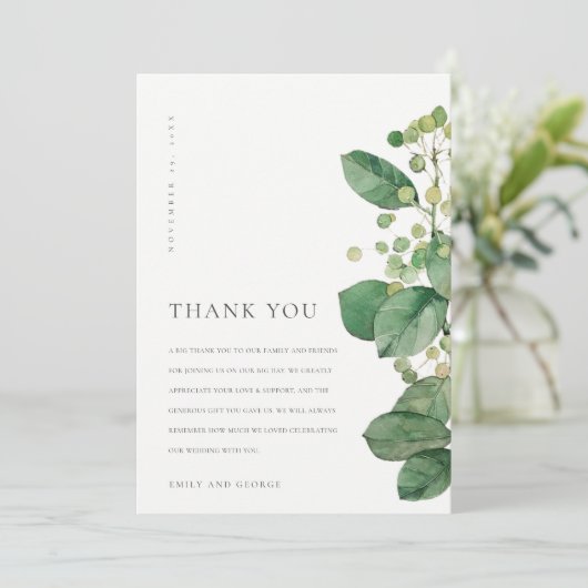 ELEGANT BLÄTTER FOLIAGE GREENERY WATERCOLOR WEDD DANKESKARTE (Stehend Vorderseite)