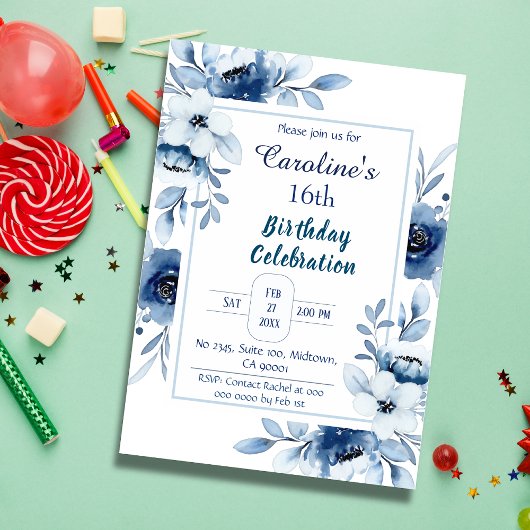 Elegant blau 16. Geburtstag Blautöne in Blau Einladung