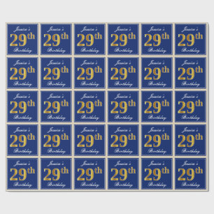Elegant, Blau, Falsches Gold 29. Geburtstag + Name Geschenkpapier