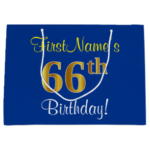 Elegant, Blau, Falsches Gold 66. Geburtstag + Name Große Geschenktüte