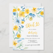 Elegant blau-gelb-florale Aquarell Sweet 16 Einladung (Vorderseite)