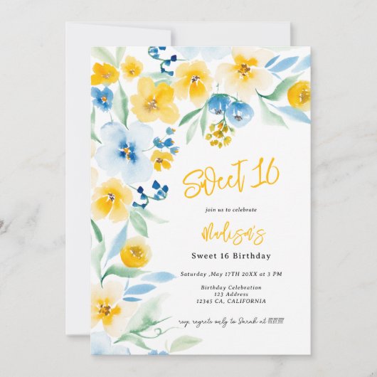 Elegant blau-gelb-florale Aquarell Sweet 16 Einladung (Vorderseite)