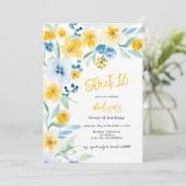 Elegant blau-gelb-florale Aquarell Sweet 16 Einladung (Stehend Vorderseite)