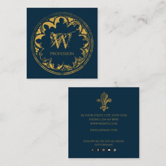 Elegant Blau & Gold Rustikal Vintag beängstigend Quadratische Visitenkarte (Vorne/Hinten)