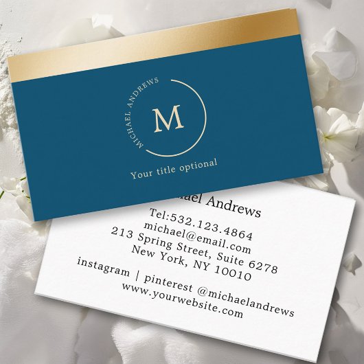 Elegant, blau, goldfarbener Streifen, Kreis, Monog Visitenkarte