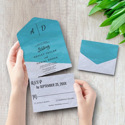 Elegant blau graue rustikale All in One Wedding Ei Einladung