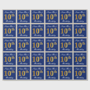 Elegant, blau, Imitat-Gold10. Geburtstag + Name Geschenkpapier