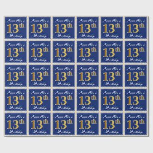 Elegant, blau, Imitat-Gold13. Geburtstag + Name Geschenkpapier
