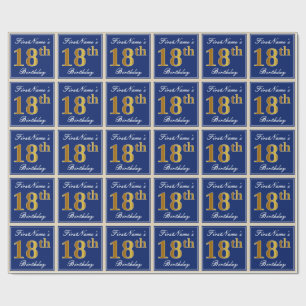 Elegant, blau, Imitat-Gold18. Geburtstag + Name Geschenkpapier
