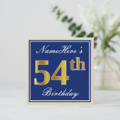 Elegant, blau, Imitat-Gold54. Geburtstag + Name Einladung (Stehend Vorderseite)