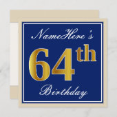 Elegant, blau, Imitat-Gold64. Geburtstag + Name Einladung (Vorne/Hinten)
