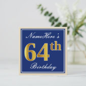 Elegant, blau, Imitat-Gold64. Geburtstag + Name Einladung (Stehend Vorderseite)