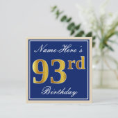 Elegant, blau, Imitat-Gold93. Geburtstag + Name Einladung (Stehend Vorderseite)