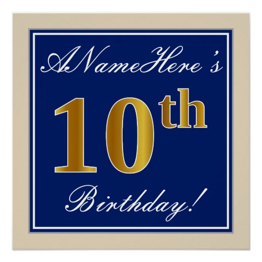 Elegant, blau, Imitate Gold 10. Geburtstag + Name Poster (Vorderseite)