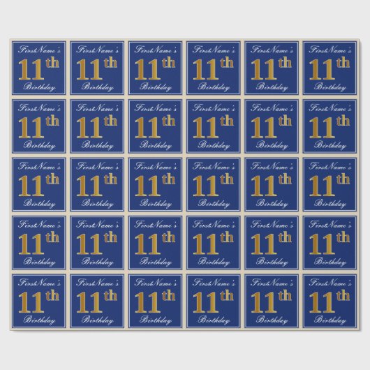 Elegant, blau, Imitate Gold 11. Geburtstag + Name Geschenkpapier (Flach)