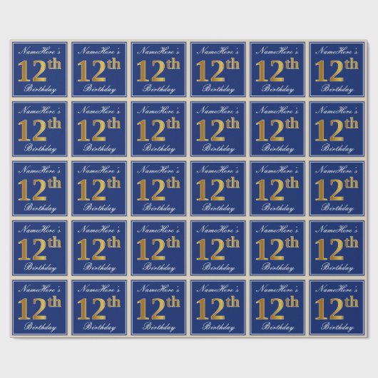 Elegant, blau, Imitate Gold 12. Geburtstag + Name Geschenkpapier (Flach)