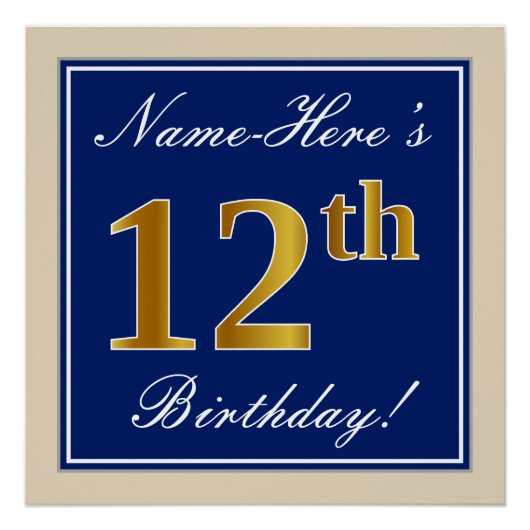 Elegant, blau, Imitate Gold 12. Geburtstag + Name Poster (Vorderseite)