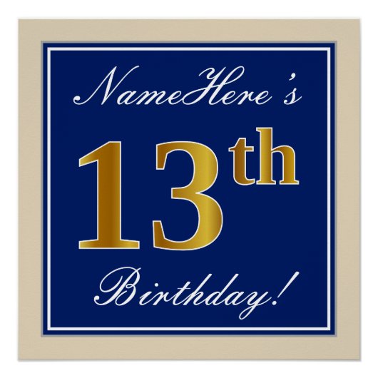 Elegant, blau, Imitate Gold 13. Geburtstag + Name Poster (Vorderseite)