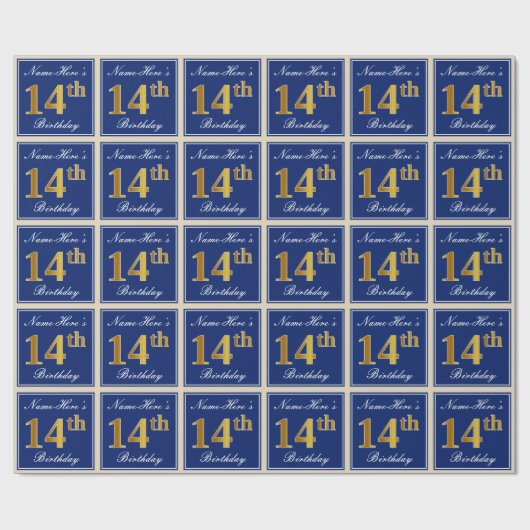 Elegant, blau, Imitate Gold 14. Geburtstag + Name Geschenkpapier (Flach)