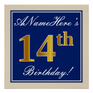 Elegant, blau, Imitate Gold 14. Geburtstag + Name Poster