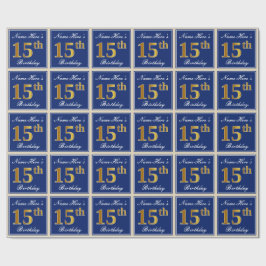Elegant, blau, Imitate Gold 15. Geburtstag + Name Geschenkpapier