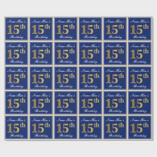 Elegant, blau, Imitate Gold 15. Geburtstag + Name Geschenkpapier