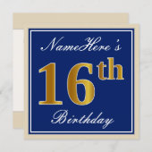 Elegant, blau, Imitate Gold 16. Geburtstag + Name Einladung (Vorne/Hinten)
