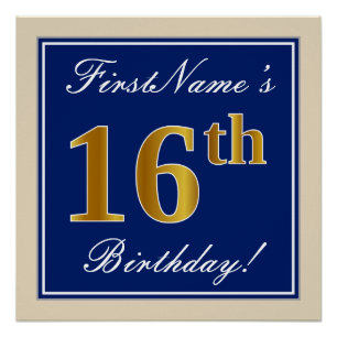 Elegant, blau, Imitate Gold 16. Geburtstag + Name Poster