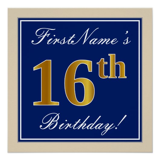 Elegant, blau, Imitate Gold 16. Geburtstag + Name Poster (Vorderseite)