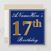 Elegant, blau, Imitate Gold 17. Geburtstag + Name Einladung (Vorne/Hinten)