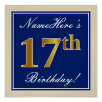 Elegant, blau, Imitate Gold 17. Geburtstag + Name