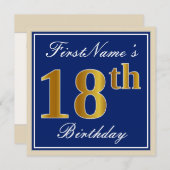 Elegant, blau, Imitate Gold 18. Geburtstag + Name Einladung (Vorne/Hinten)