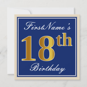 Elegant, blau, Imitate Gold 18. Geburtstag + Name Einladung
