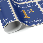 Elegant, blau, Imitate Gold 1. Geburtstag; Individ Geschenkpapier (Rolleneckpunkt)