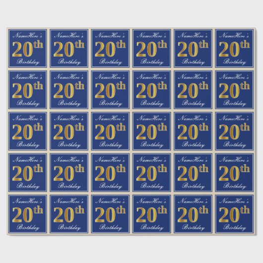 Elegant, blau, Imitate Gold 20. Geburtstag + Name Geschenkpapier (Flach)