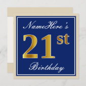 Elegant, blau, Imitate Gold 21. Geburtstag + Name Einladung (Vorne/Hinten)