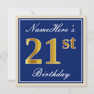 Elegant, blau, Imitate Gold 21. Geburtstag + Name Einladung