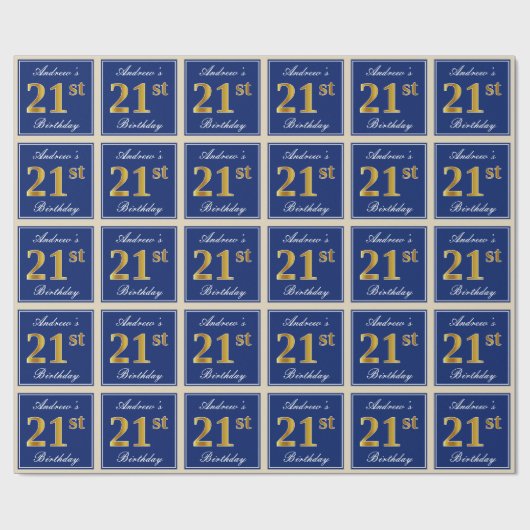 Elegant, blau, Imitate Gold 21. Geburtstag + Name Geschenkpapier (Flach)