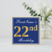 Elegant, blau, Imitate Gold 22. Geburtstag + Name Einladung (Stehend Vorderseite)