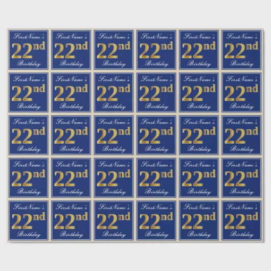 Elegant, blau, Imitate Gold 22. Geburtstag + Name Geschenkpapier (Flach)