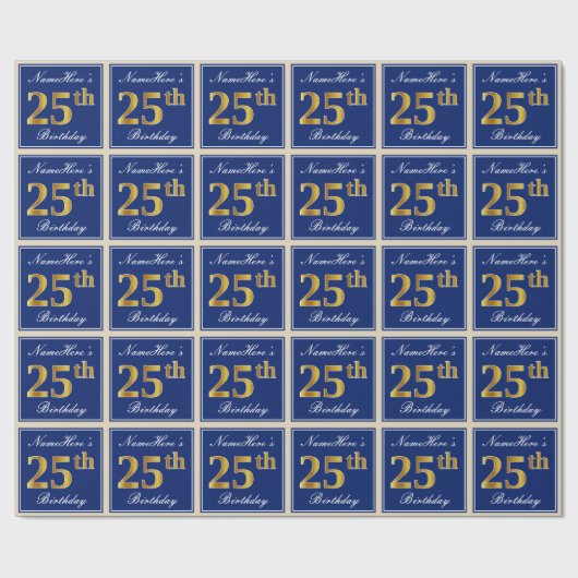 Elegant, blau, Imitate Gold 25. Geburtstag + Name Geschenkpapier (Flach)